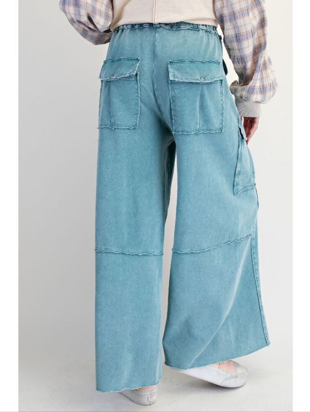 Easel "Durango" French Terry Cargo Wide Leg Pants in Teal Blue Sz S - Picture 3 of 6